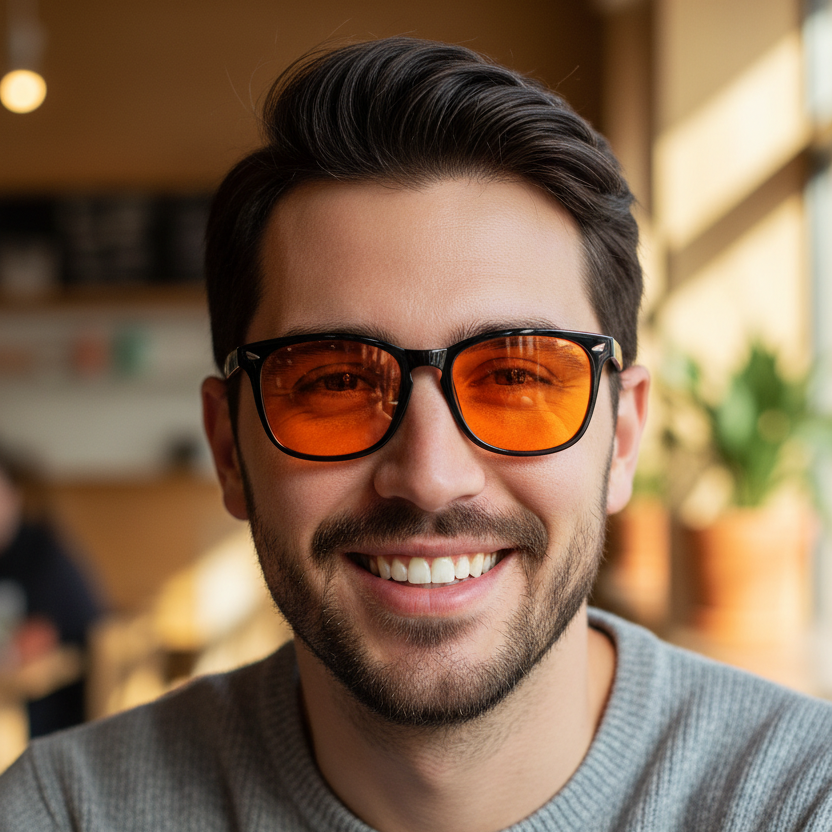 Male Model with Orange Blue Light Glasses - Close-up